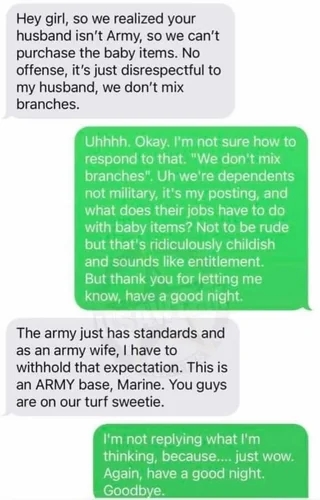 Text conversation where one person refuses to buy baby items from a Marine spouse, as they&#x27;re an Army spouse