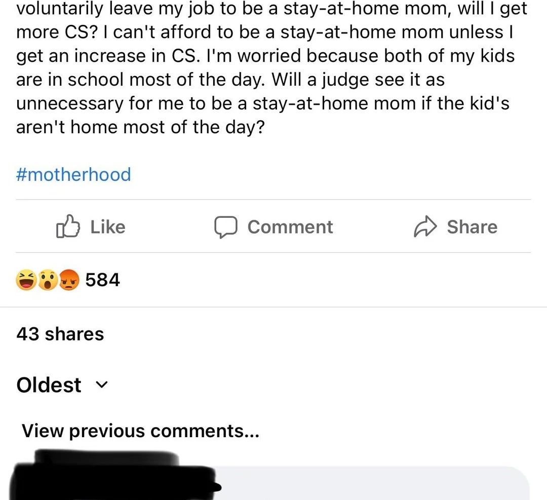 A person asks if staying home without a job will increase child support