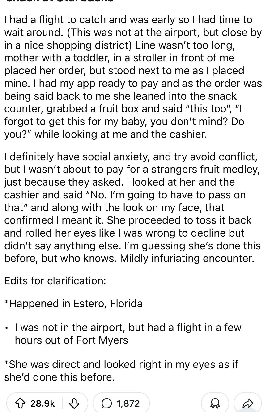 Reddit post shows a user recounting an encounter with a mother asking them to buy her child a snack at Starbucks. User declined
