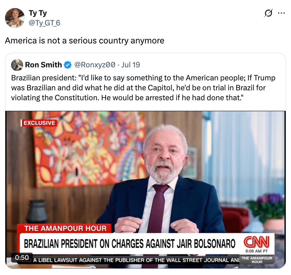 CNN news segment featuring Brazilian President discussing charges against Jair Bolsonaro and comparing events to the Capitol incident in the U.S