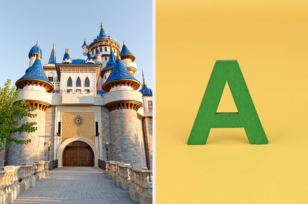 Castle with towers on left; green letter A on right