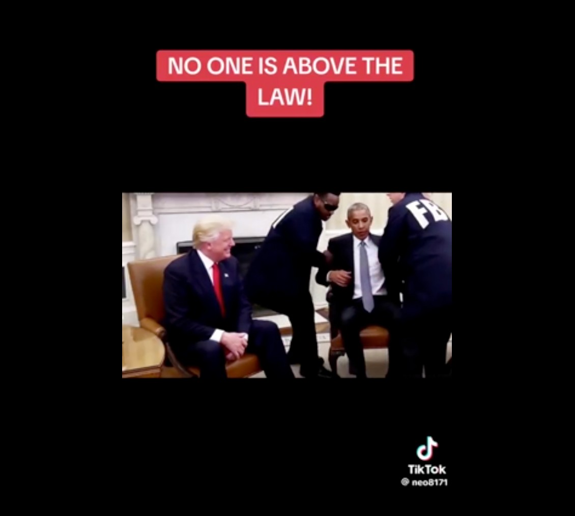 A person being handcuffed by agents in suits, while another person sits nearby. Text reads: &quot;NO ONE IS ABOVE THE LAW!&quot;