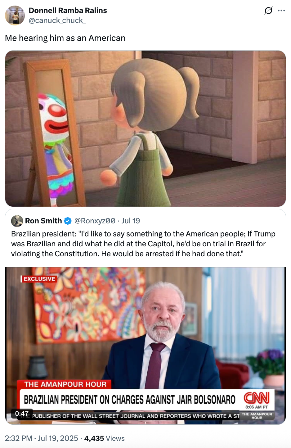 Top tweet: Cartoon character listening. Bottom: News segment shows a man discussing a quote about Trump, Brazil, and the Constitution trial