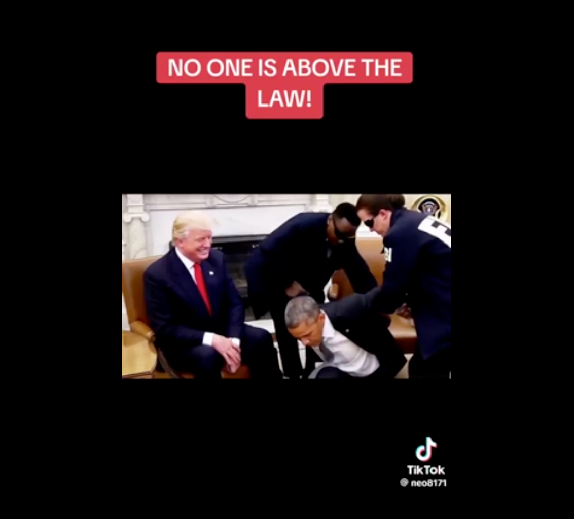 Text: &quot;No one is above the law!&quot; Image shows a person resembling Barack Obama being playfully pushed down by several others, seated next to a person resembling Donald Trump