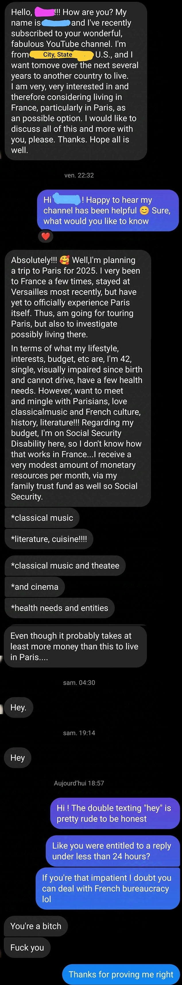 American messages Youtuber asking about living in Paris, then gets angry when they don&#x27;t get an immediate response