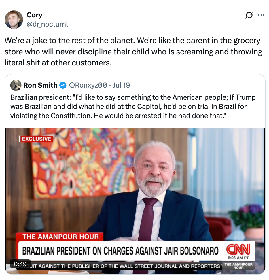 Tweet criticizing parenting, likening it to Brazil. News headline: Brazil&#x27;s president speaks on charges against former President Jair Bolsonaro
