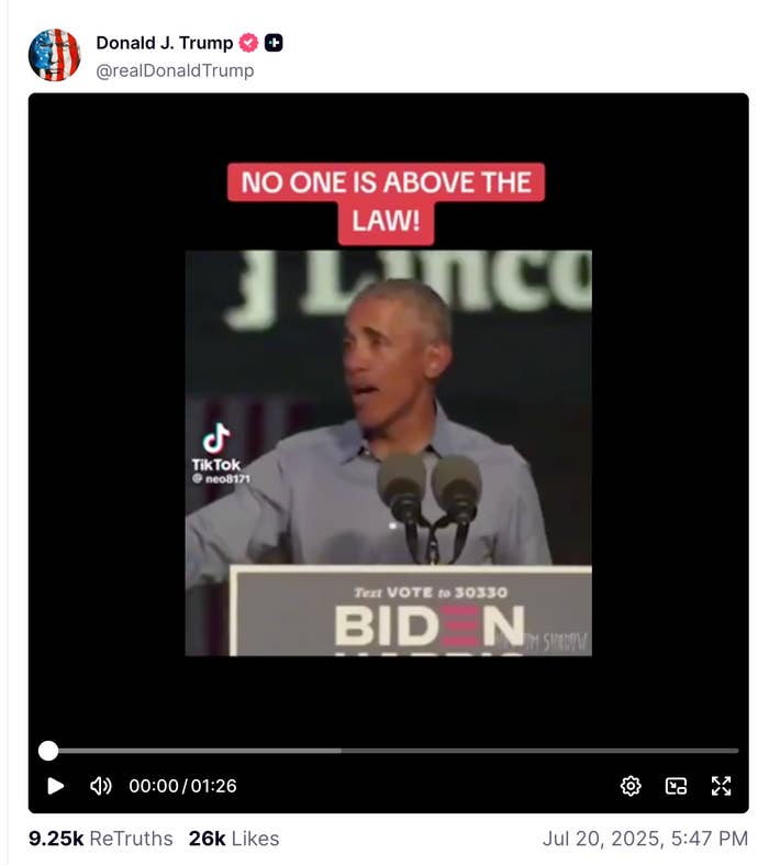 A person at a podium is speaking with &quot;NO ONE IS ABOVE THE LAW!&quot; text above. The image caption and date suggest a social media repost