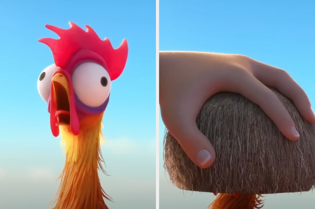 Animated chicken character looks surprised in one scene; next to it, a hand grips a brown object's top