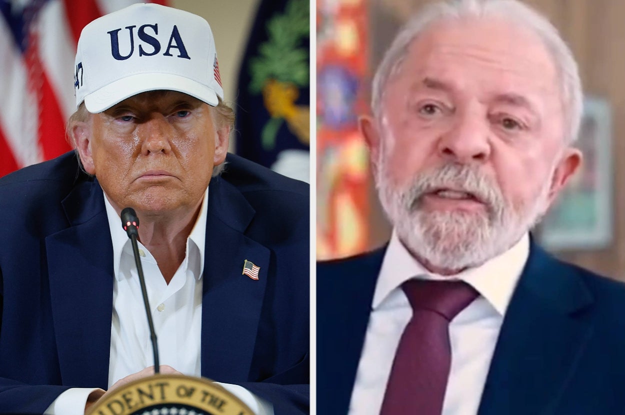 Two men in suits at separate events, one wearing a "USA" hat, both appearing serious