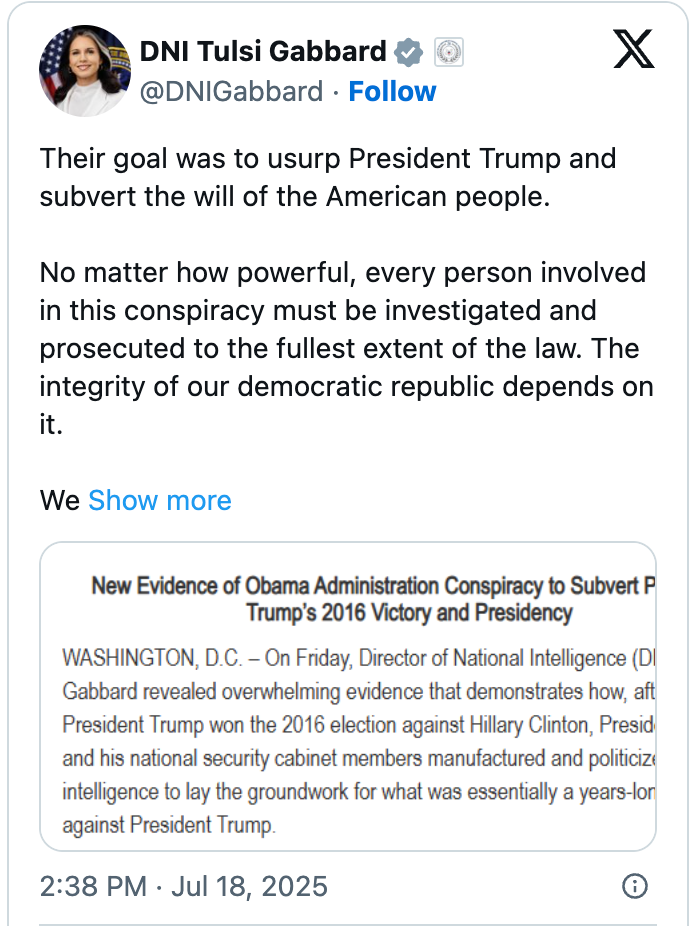 Social media post by Tulsi Gabbard claims evidence against Obama administration in alleged plot to subvert Trump&#x27;s presidency
