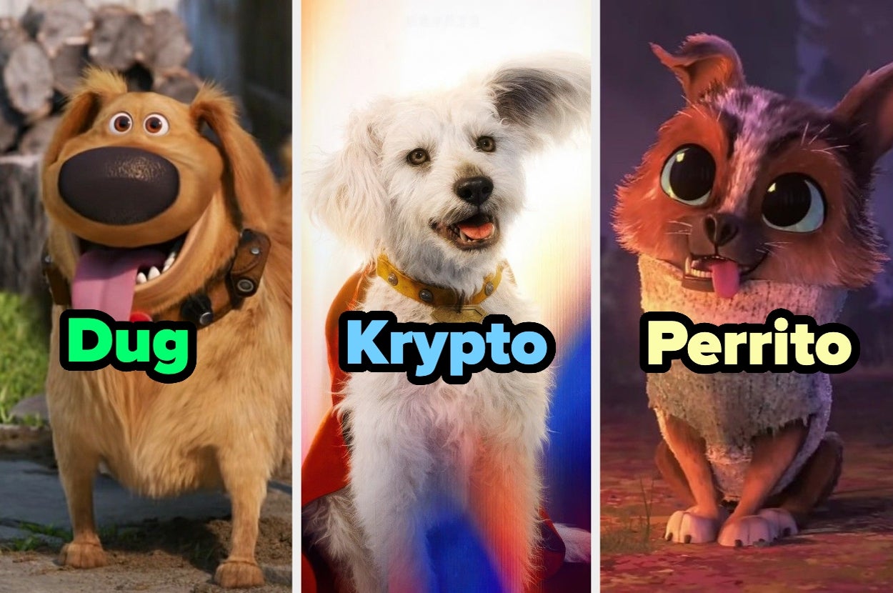 Tres perros animados de películas conocidas: Dug, Krypto y Perrito, cada uno con estilo y expresión únicos