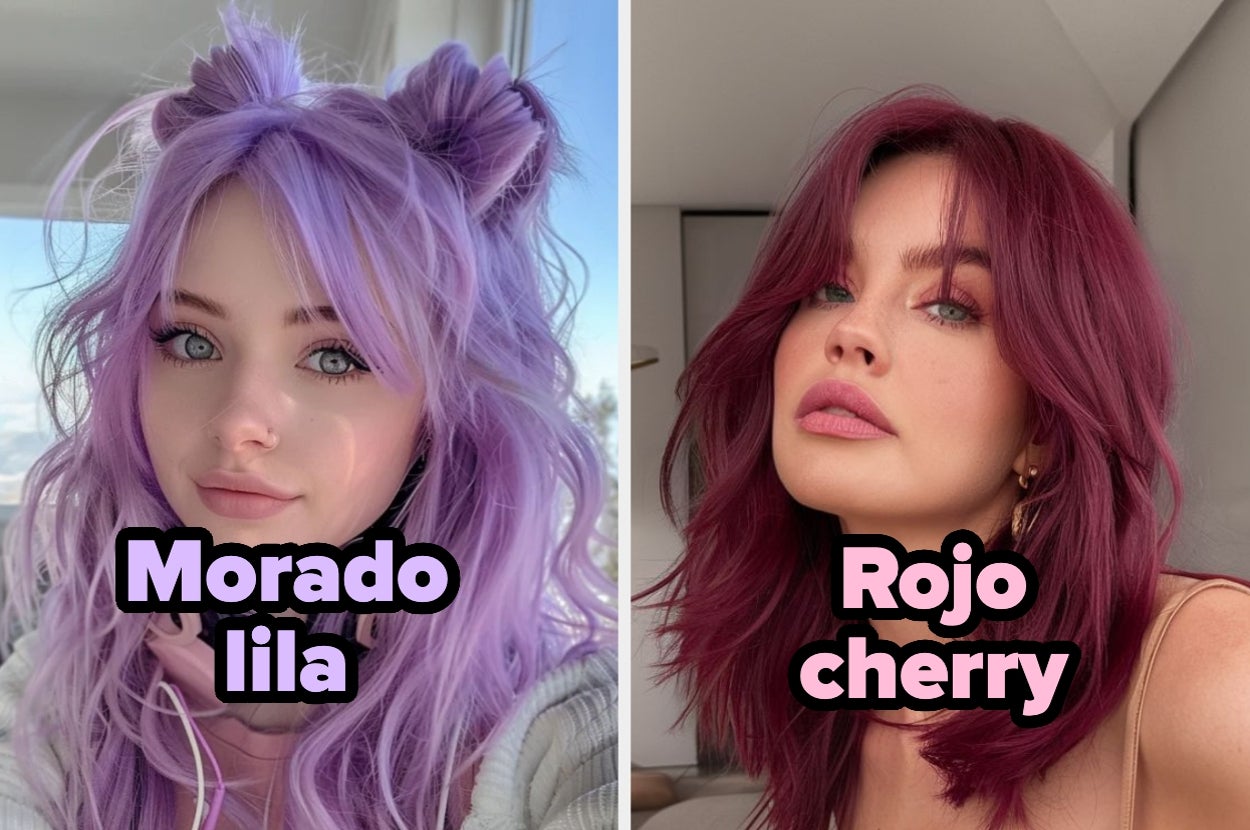Dos imágenes lado a lado de una mujer con cabello lila estilo moños y otra con cabello cortado en capas de color rojo