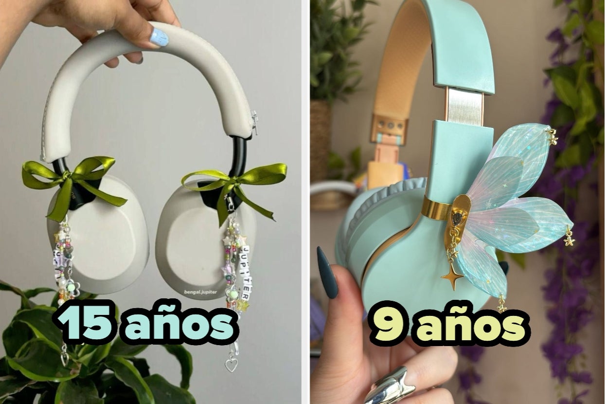 Comparación de dos auriculares personalizados: uno con cintas y cuentas que dice "15 años", otro con una mariposa decorativa que dice "9 años"