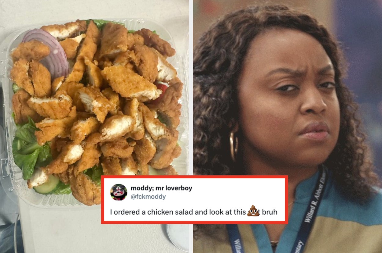 Plate of fried chicken with vegetables and a woman grimacing beside a social media post about a surprising chicken salad order