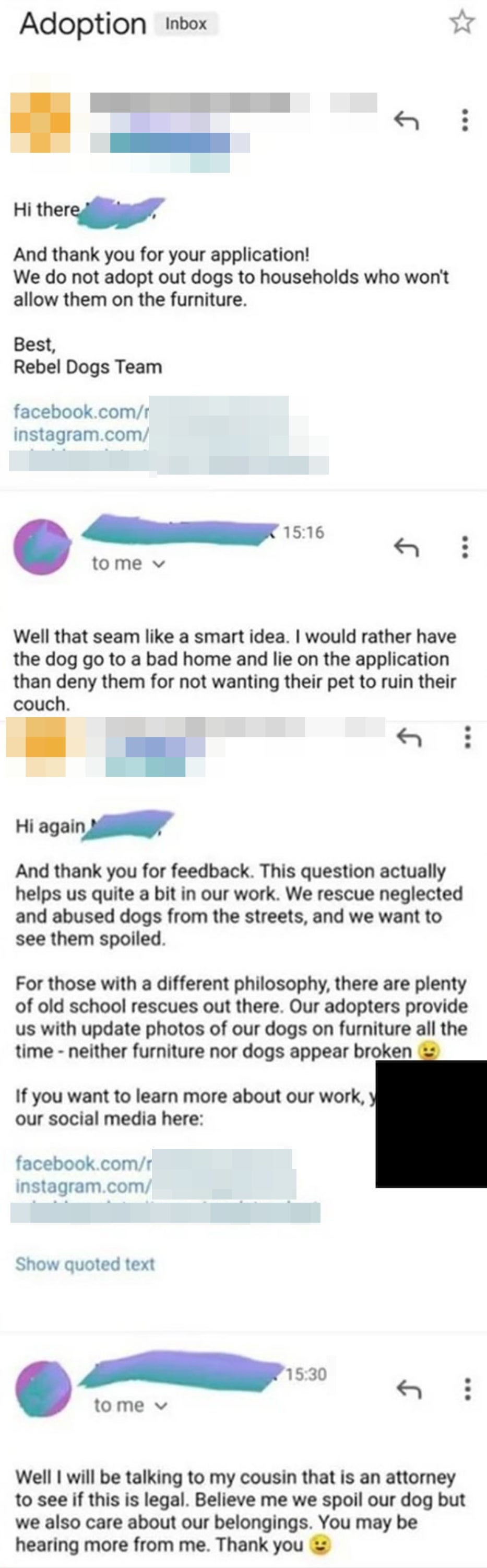 Email conversation about dog adoption policies, with a potential adopter angry that the shelter won&#x27;t adopt out a dog that won&#x27;t be allowed on furniture