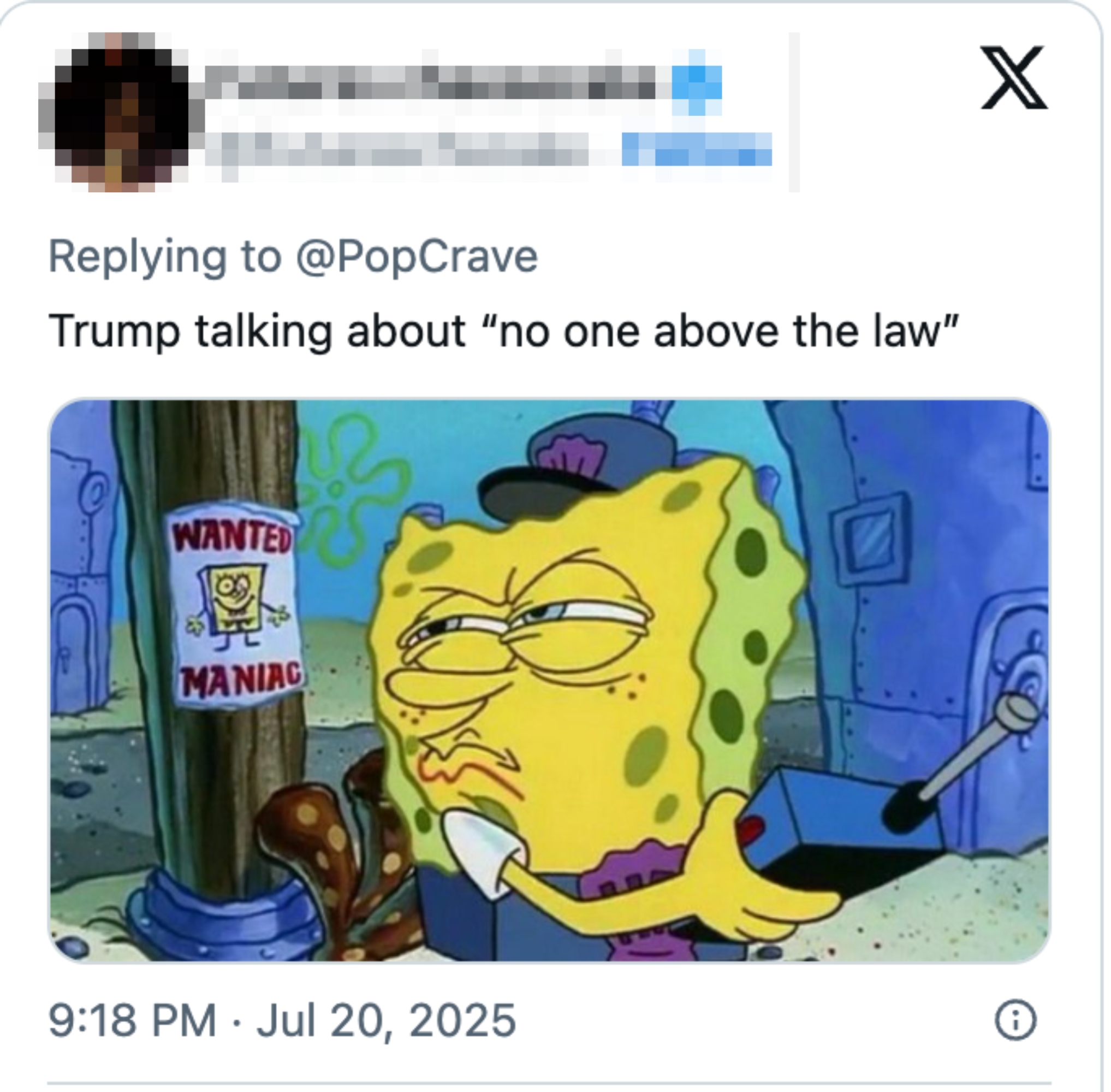 SpongeBob meme with skeptical expression, referencing Trump discussing &quot;no one above the law.&quot;