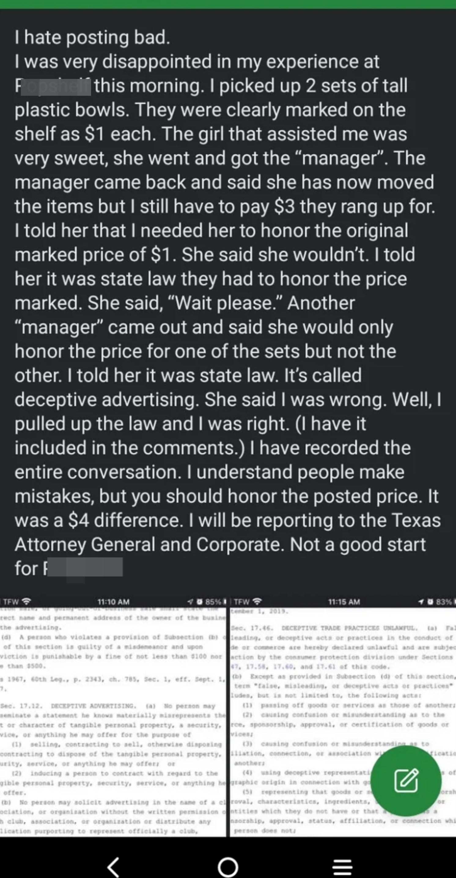 Complaint about misleading pricing at a new store, where $3 items were marked as $1, and the store wouldn&#x27;t honor the marked price for more than one item