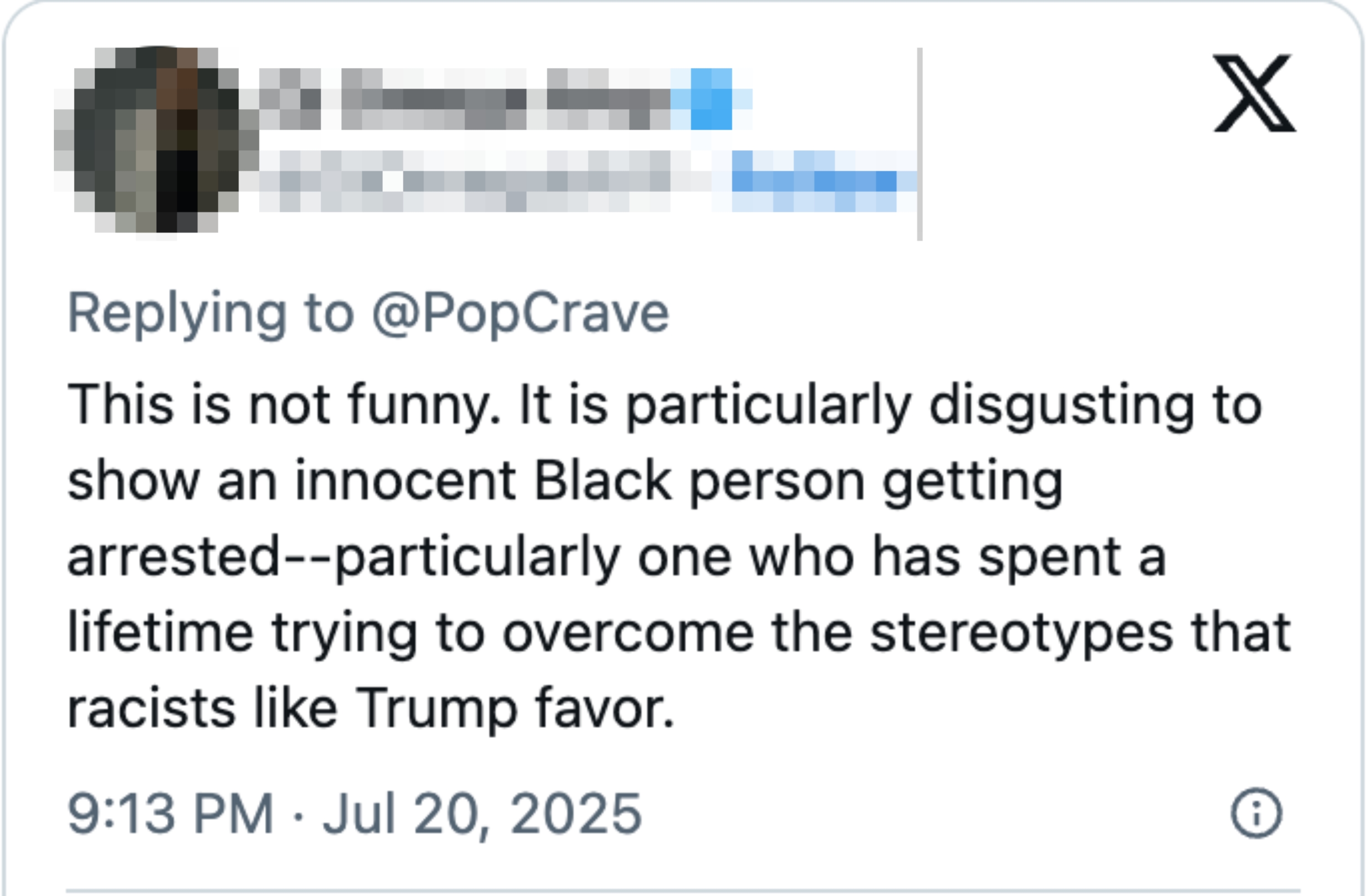 Tweet criticizing the depiction of an innocent Black person being arrested and mentioning stereotypes favored by racists like Trump