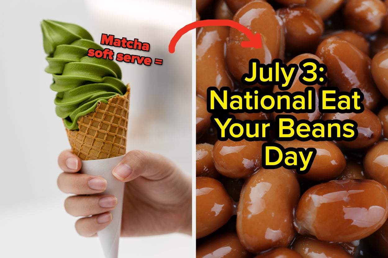 Hand holding a matcha soft serve cone and a close-up of beans with text: "July 3: National Eat Your Beans Day."