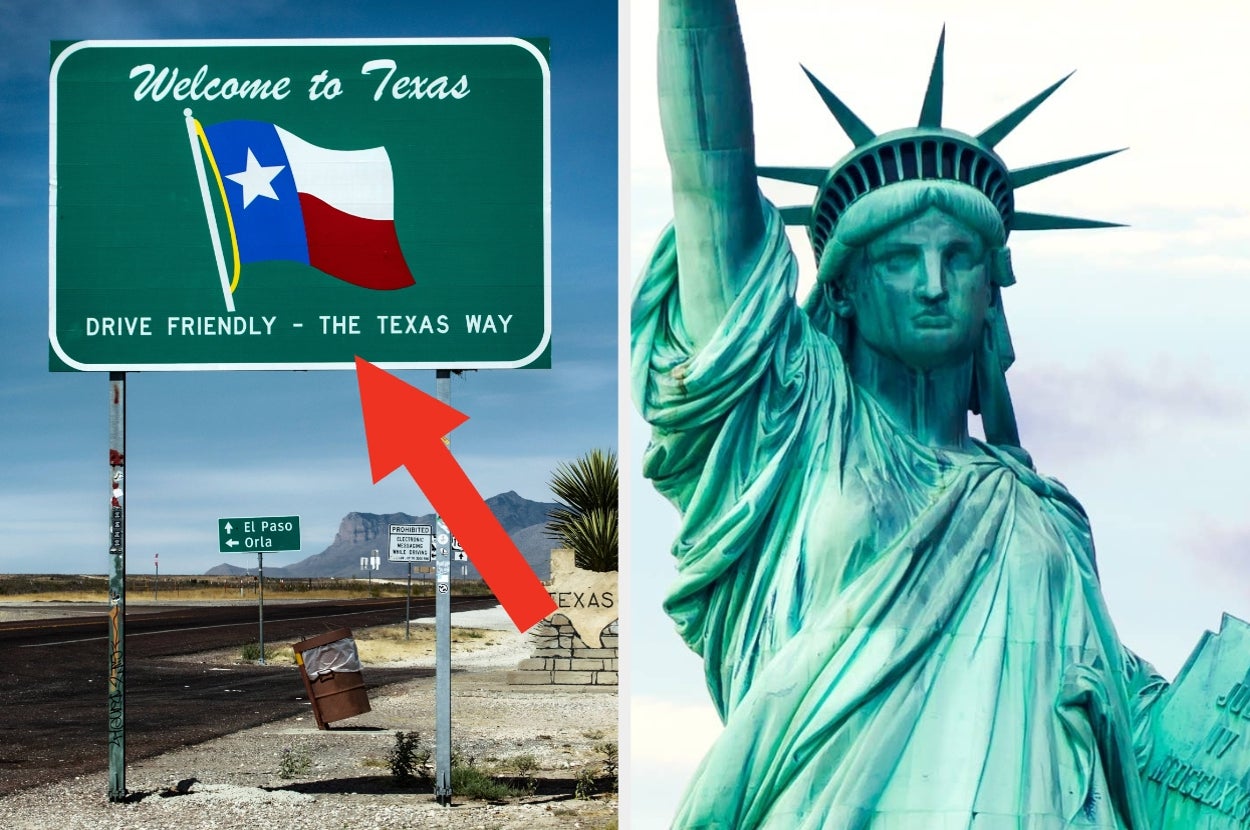 Sign welcomes to Texas with a "Drive Friendly" message; Statue of Liberty shown on the right