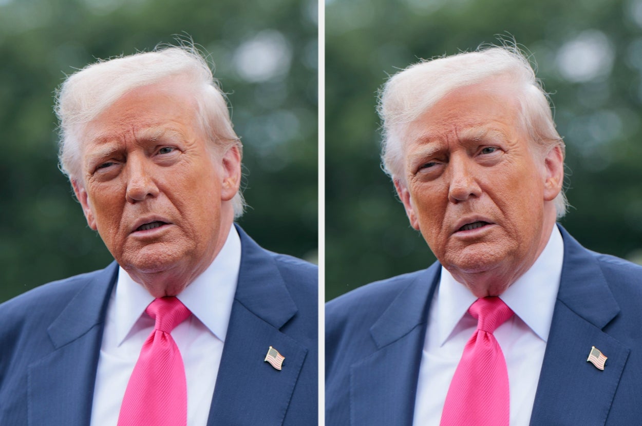 Person in a suit and bright tie appears speaking outdoors. Two similar side-by-side images show slight facial expression variations