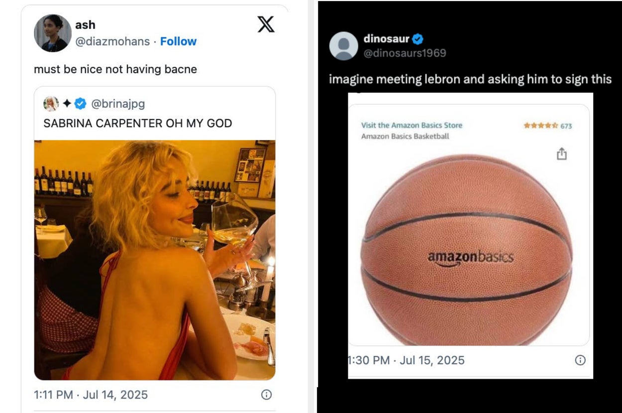 Screenshot of two tweets. Left: Person commenting on Sabrina Carpenter. Right: Person imagining asking LeBron to sign an Amazon Basics basketball
