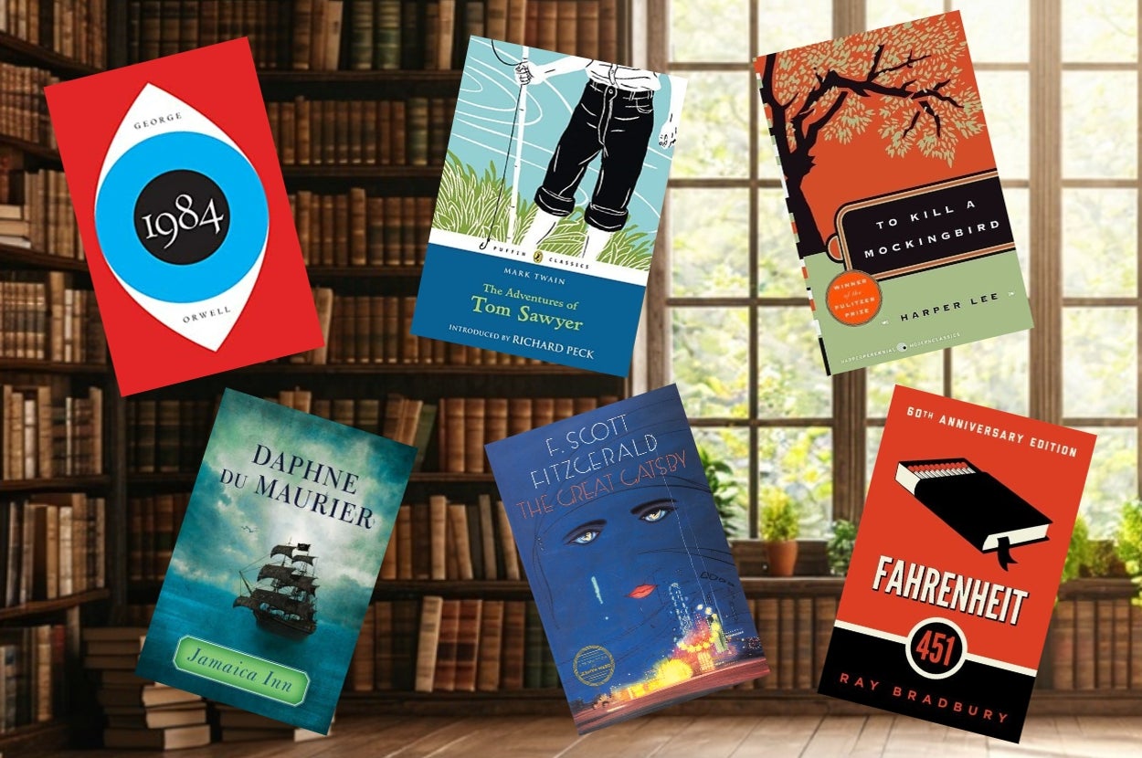 Collage of classic book covers: "1984," "The Adventures of Tom Sawyer," "To Kill a Mockingbird," "Jamaica Inn," "The Great Gatsby," and "Fahrenheit 451."