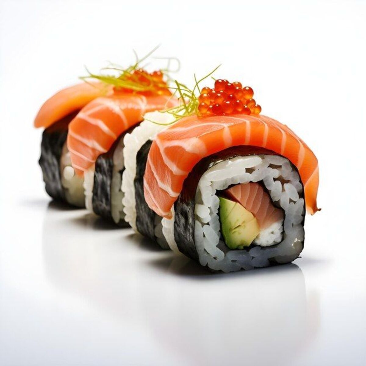 Cuatro piezas de sushi con salmón y huevas sobre arroz y alga nori, alineadas en un plato blanco