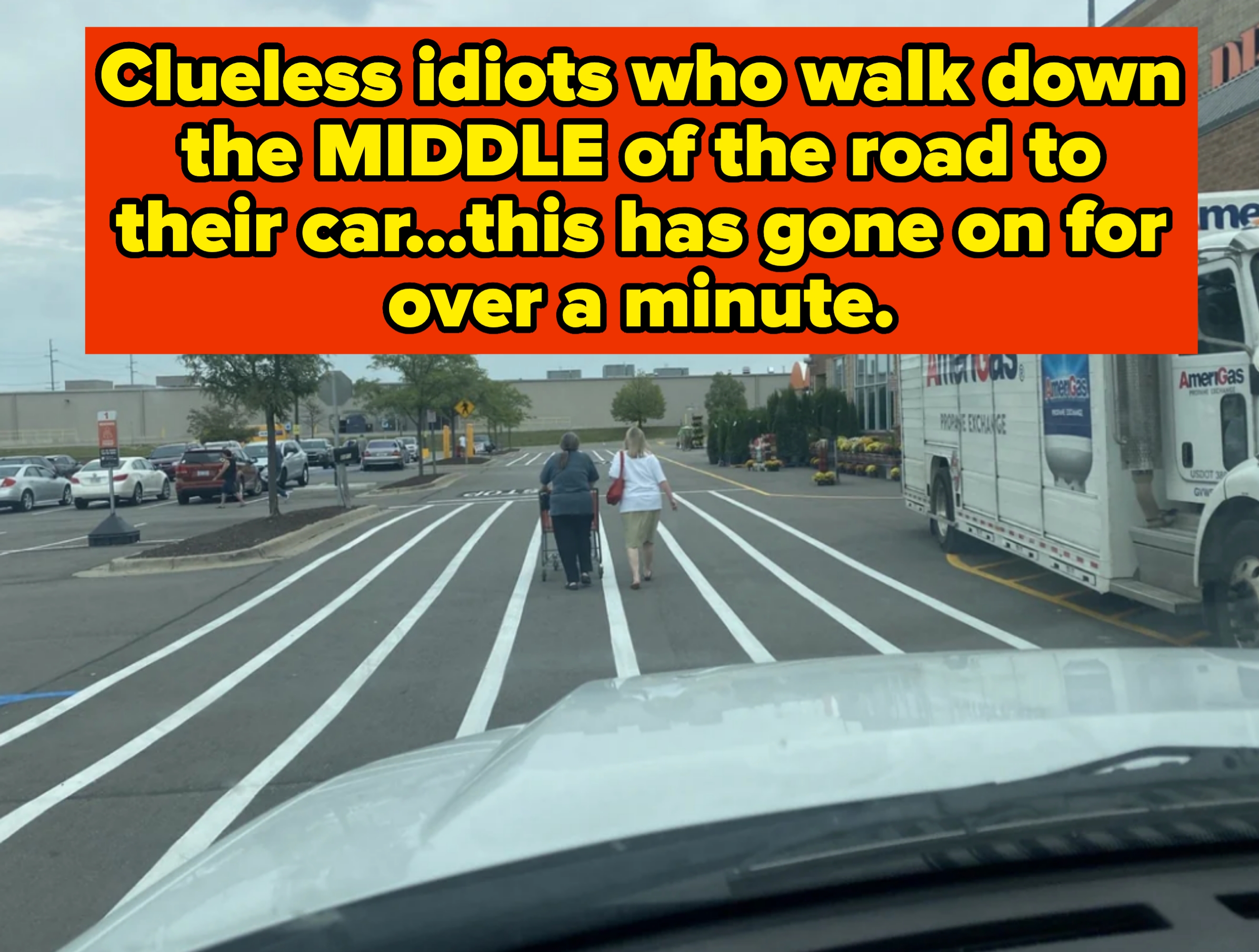 Two people walk across a parking lot with white lines, blocking the way. Caption: &quot;Clueless idiots who walk down the MIDDLE of the road to their car...this has gone on for over a minute&quot;
