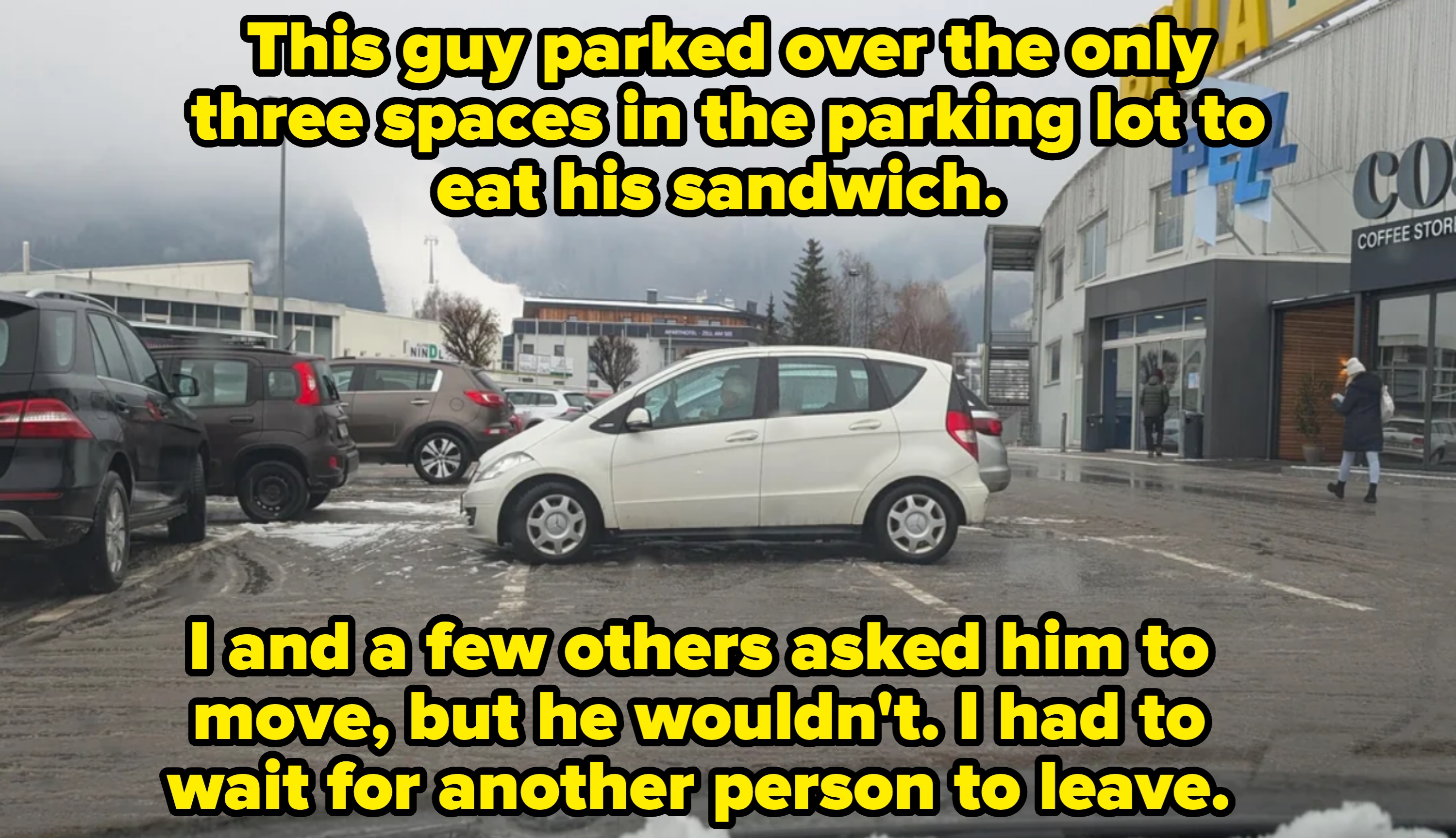 Car parked across three parking spaces in a shopping center lot. Caption: &quot;This guy parked over the only three spaces in the parking lot to eat his sandwich. I and a few others asked him to move, but he wouldn&#x27;t. I had to wait for another person to leave&quot;