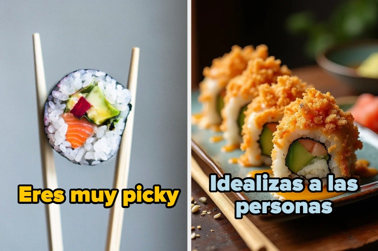 A la izquierda, un rollo de sushi con texto "Eres muy picky". A la derecha, rollos de sushi con texto "Idealizas a las personas"