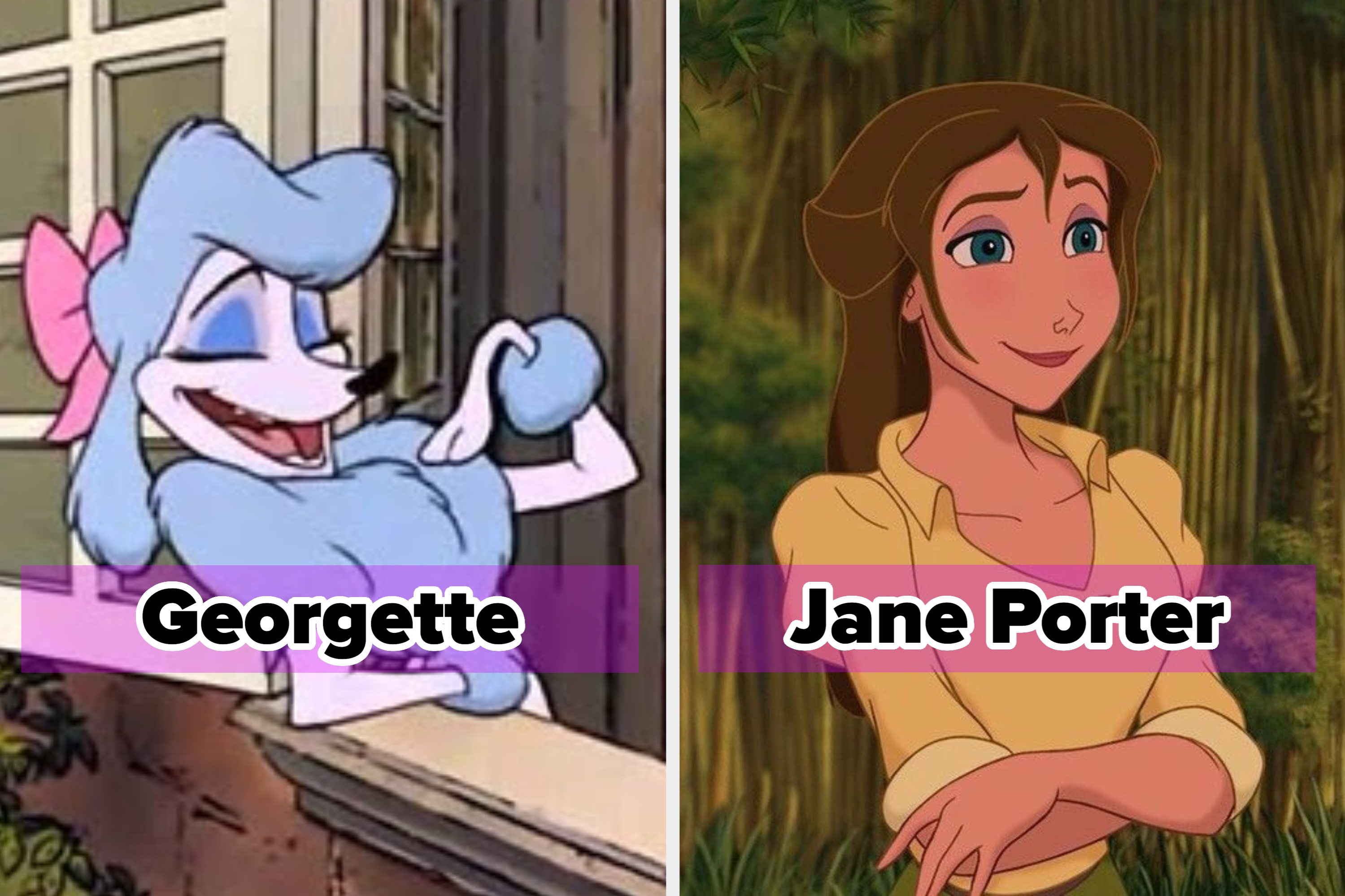 Georgette from Oliver and Company leans out a window; Jane from Tarzan folds her arms and smiles