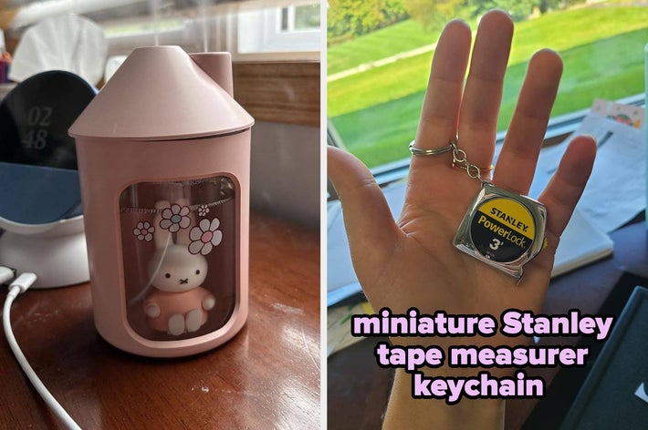 Miniature tape measure keychain held in a hand; decorated items are in the background, including a cute Miffy-themed humidifier