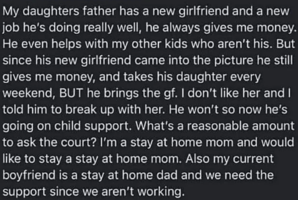 A parent expresses concern about their ex&#x27;s new girlfriend, and asks how much in child support they can get from their ex so that they can not work