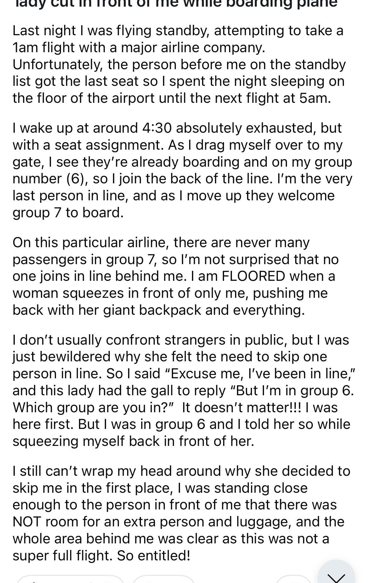 Reddit post detailing an experience of someone cutting the line during airplane boarding