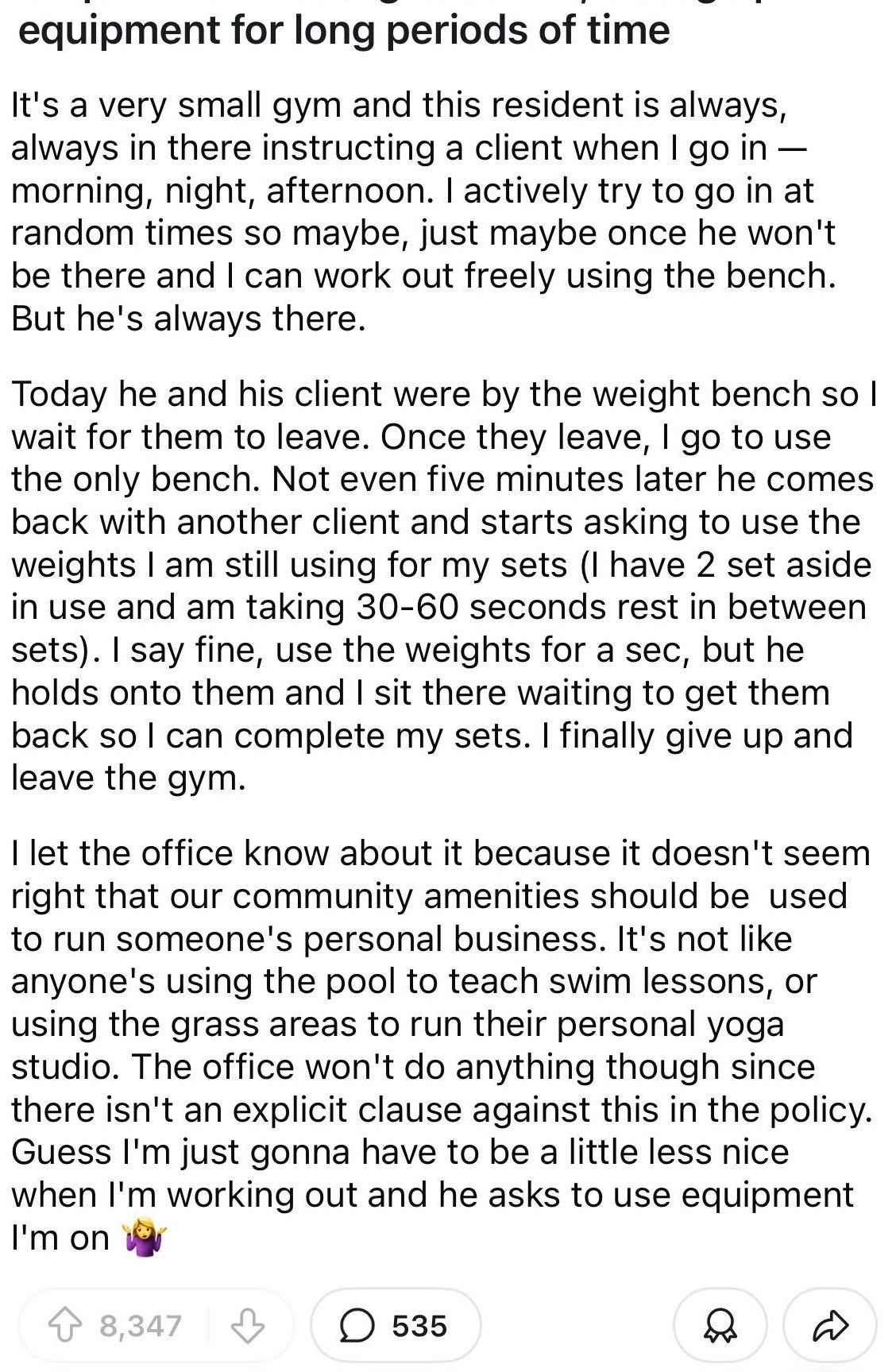 Screenshot of a Reddit post discussing a neighbor using a shared gym for personal training, causing inconvenience for others