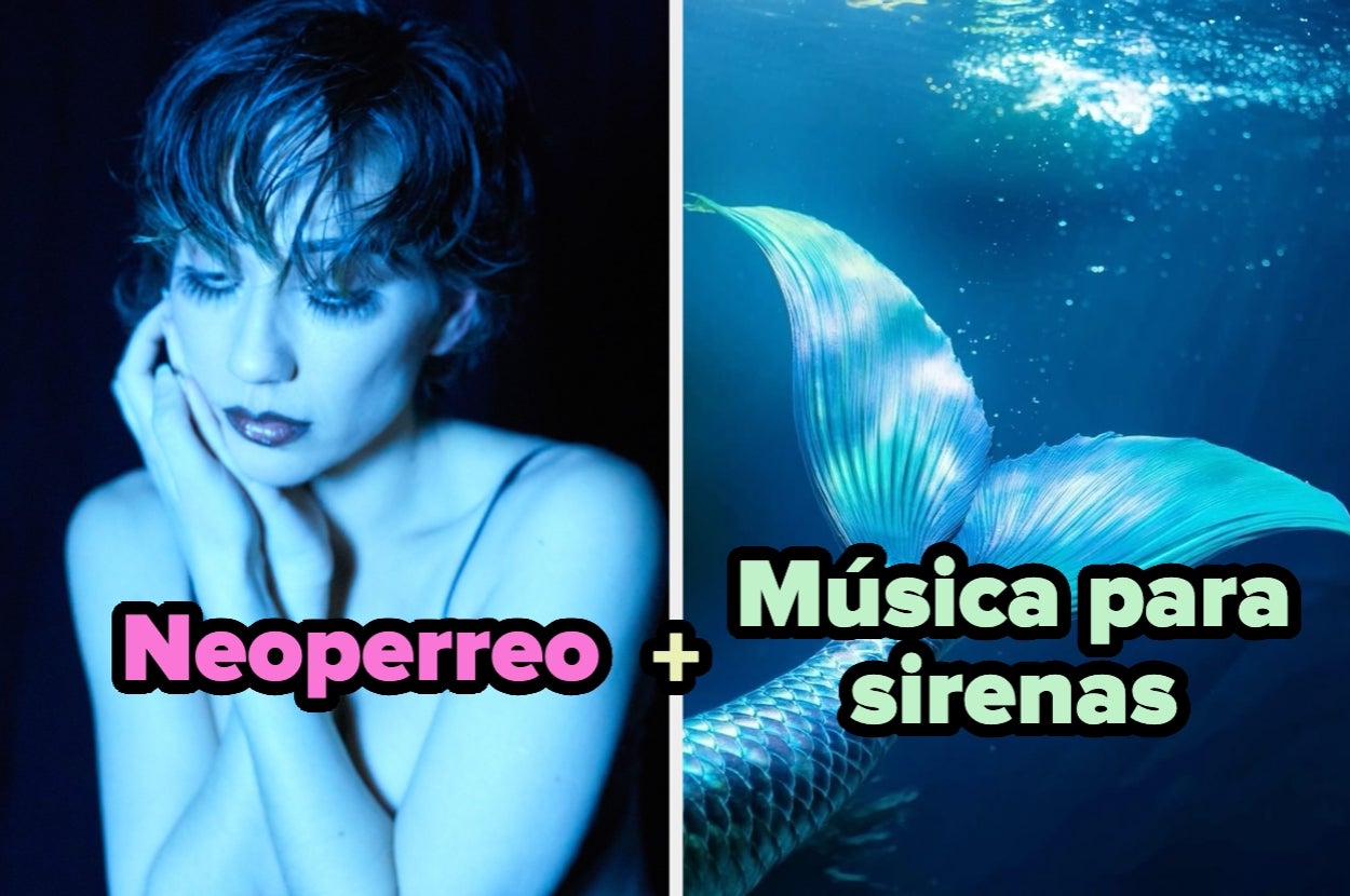 Left: Person with short hair, eyes closed, thoughtful. Right: Underwater view of a mermaid tail with text "Neoperreo + Música para sirenas."