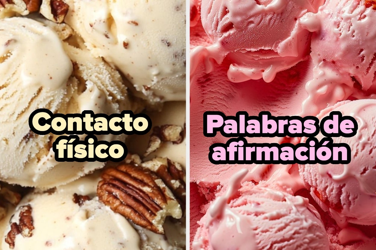 Dos tipos de helado con texto: "Contacto físico" sobre uno con nueces y "Palabras de afirmación" sobre otro