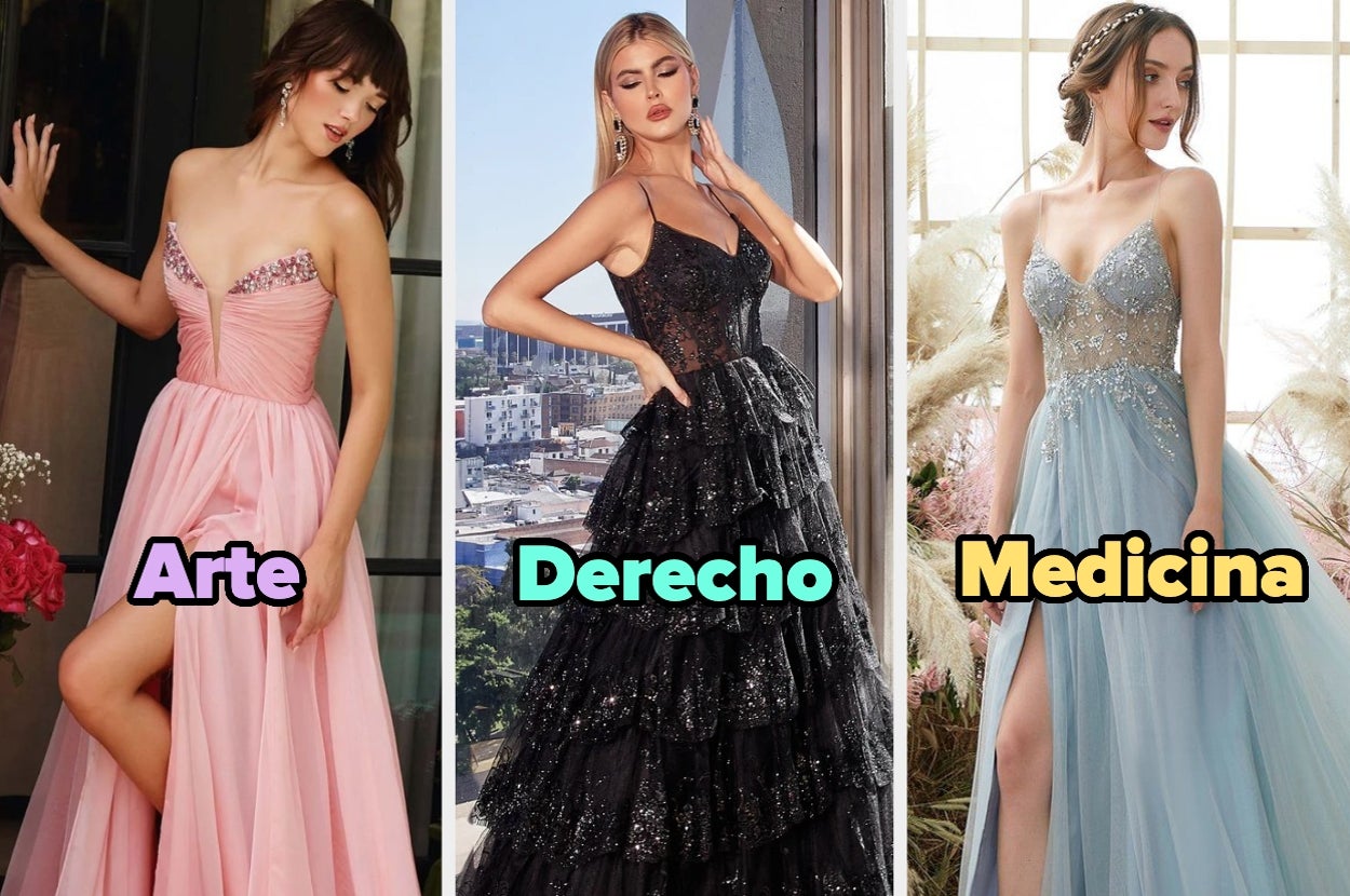 Tres personas posan con vestidos elegantes. A la izquierda, vestido rosa; al centro, negro; a la derecha, azul. Rotuladas "Arte", "Derecho", "Medicina"