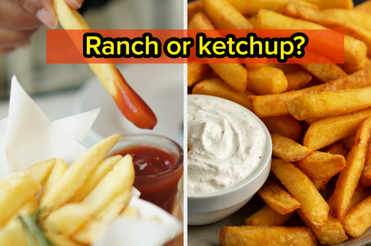 A hand dips a fry in ketchup on the left, while fries are next to a bowl of ranch dressing on the right, with the text "Ranch or ketchup?"