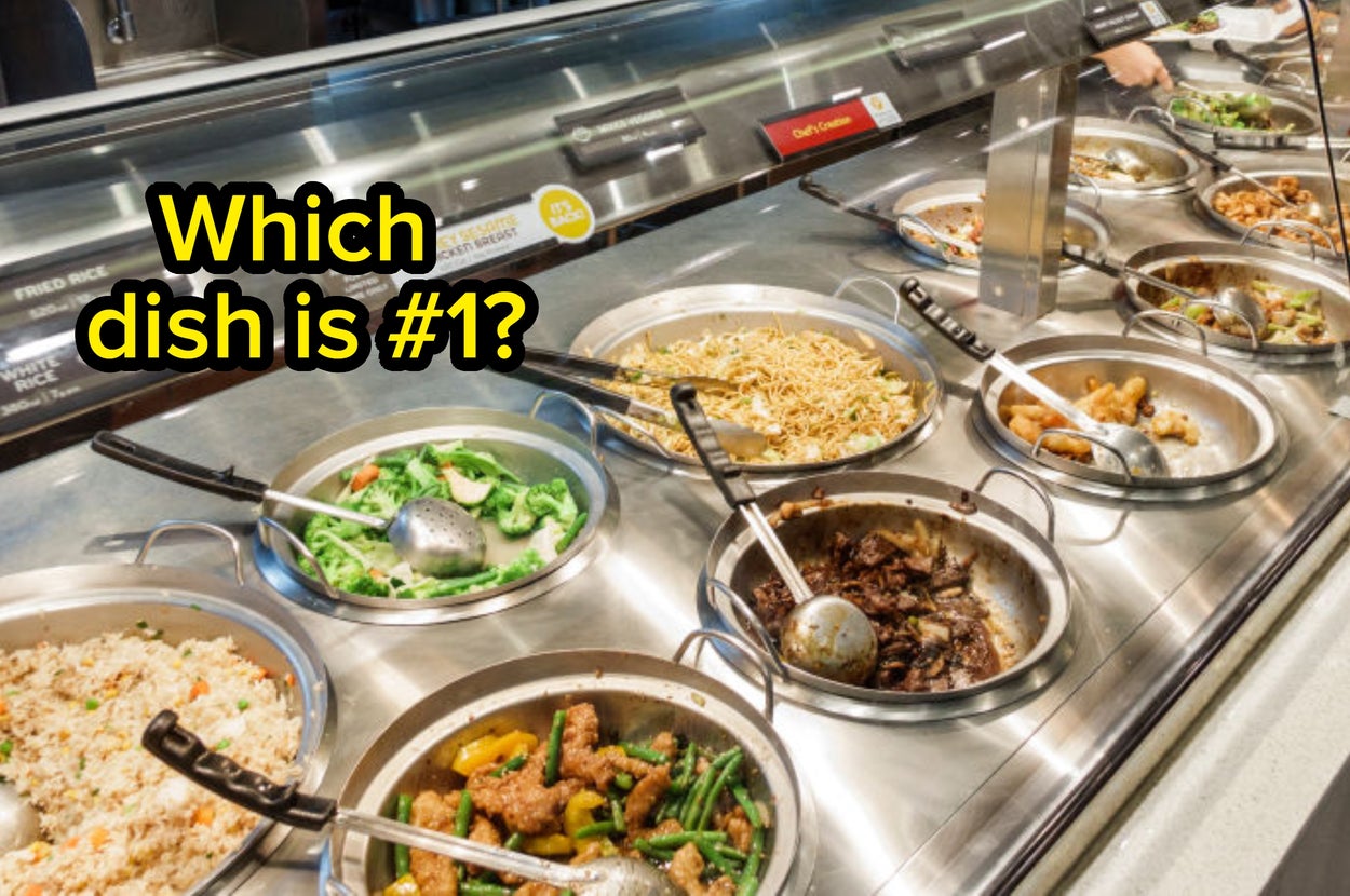 Buffet setup with various Asian dishes. Sign asks, "Which dish is #1?"