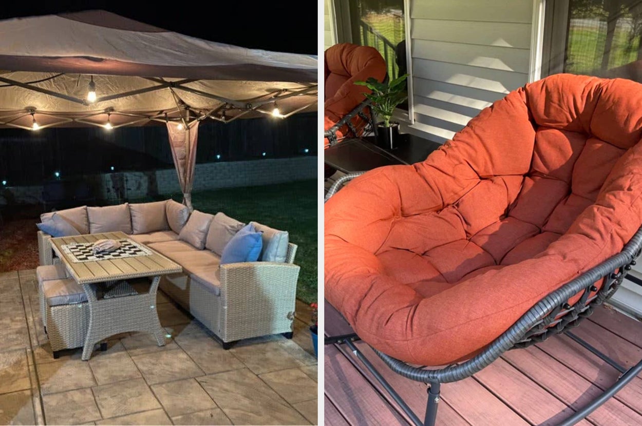 Outdoor patio with string lights and dining set at night; indoor setting features a round table with orange tulips and ferns, near rattan furniture