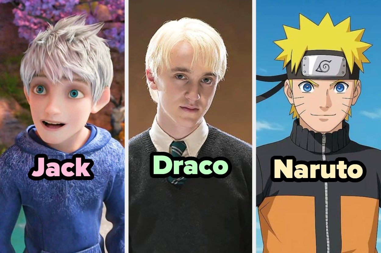 Jack, Draco y Naruto, personajes de animación y cine. Jack es un joven con cabello blanco, Draco es estudiante con uniforme, y Naruto es un ninja anime