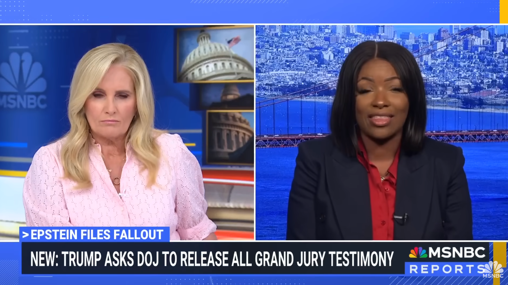 Rep Jasmine Crockett speaks to a news anchor about the release of grand jury testimony related to Trump on a split-screen MSNBC broadcast