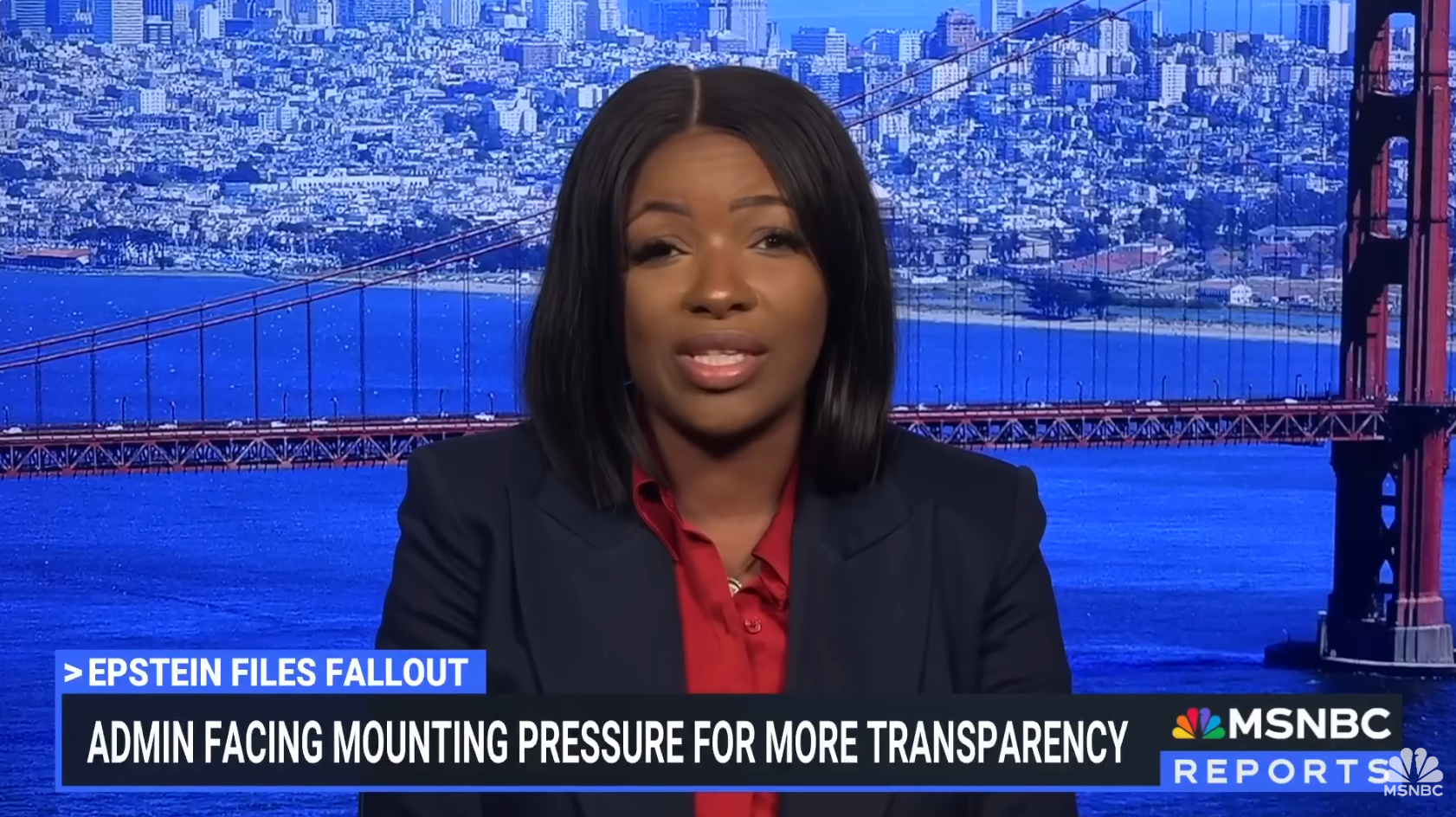 Rep Jasmine Crockett in a studio discusses transparency issues related to Epstein files, with the Golden Gate Bridge backdrop displayed