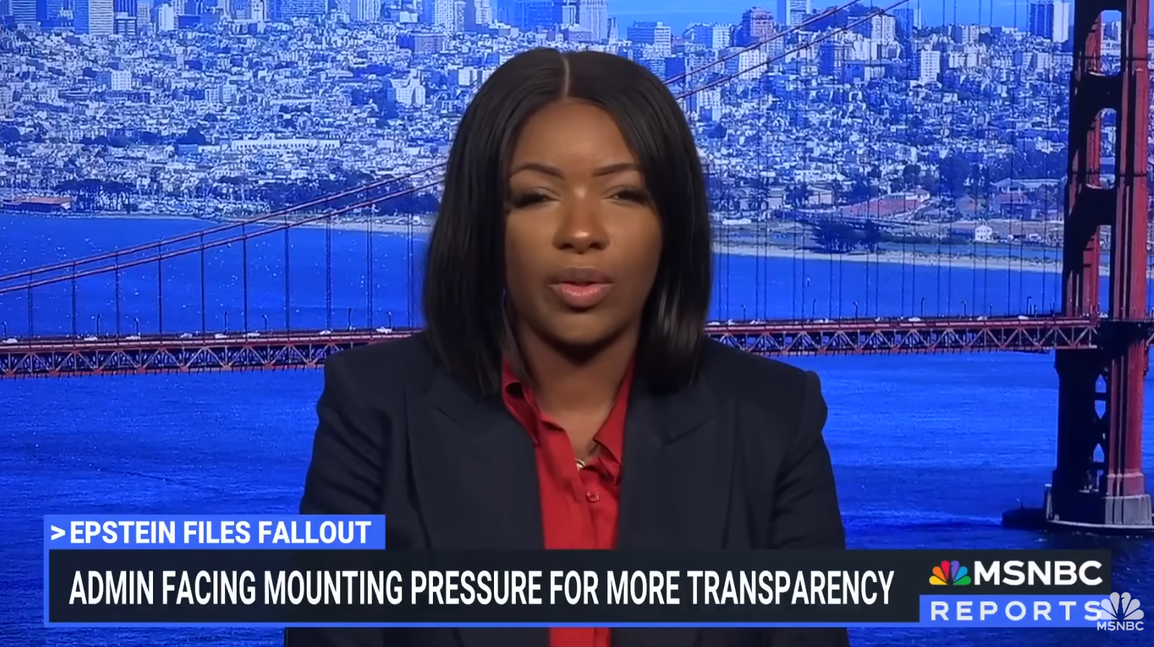 Rep Jasmine Crockett is speaking in front of a screen showing a city and a bridge, with a news headline: &quot;Admin facing mounting pressure for more transparency.&quot;