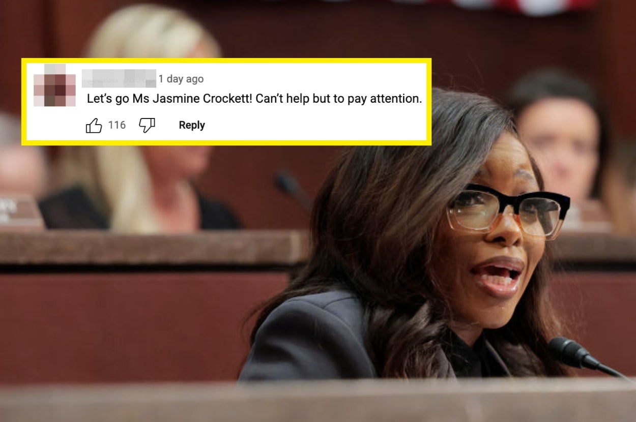 Jasmine Crockett speaks passionately during a Senate hearing. A highlighted comment praises Jasmine Crockett, expressing admiration and attention