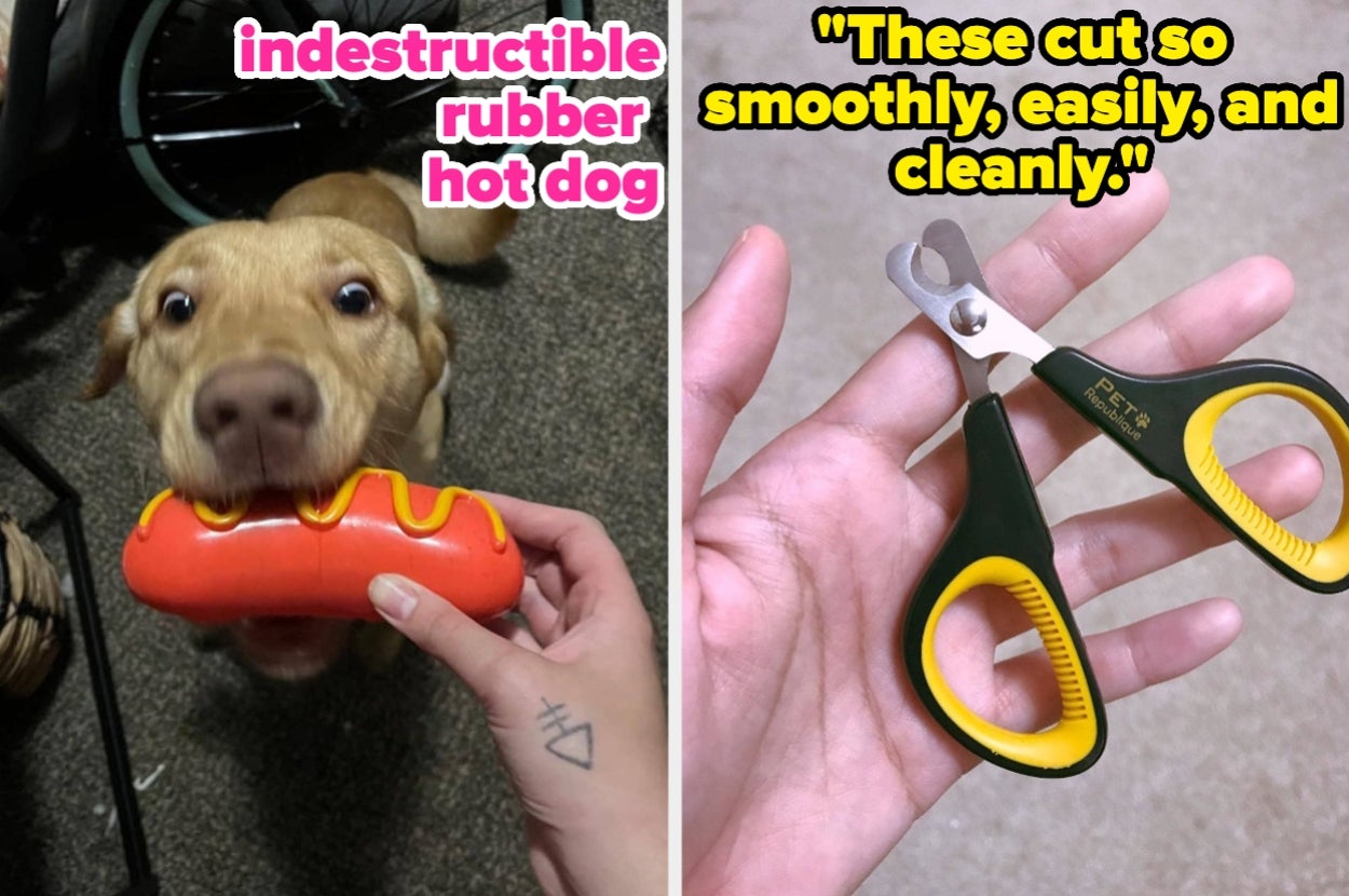 Dog holding a rubber toy hot dog; hand holds pet nail clippers. Text reads: "Indestructible rubber hot dog" and "These cut so smoothly, easily, and cleanly."