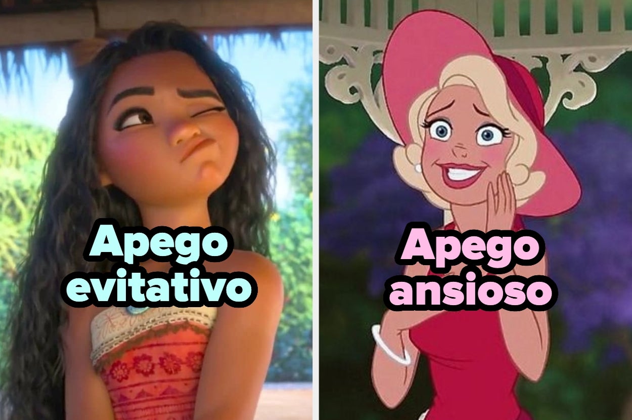 Personajes animados con expresiones divertidas etiquetados como "Apego evitativo" y "Apego ansioso"