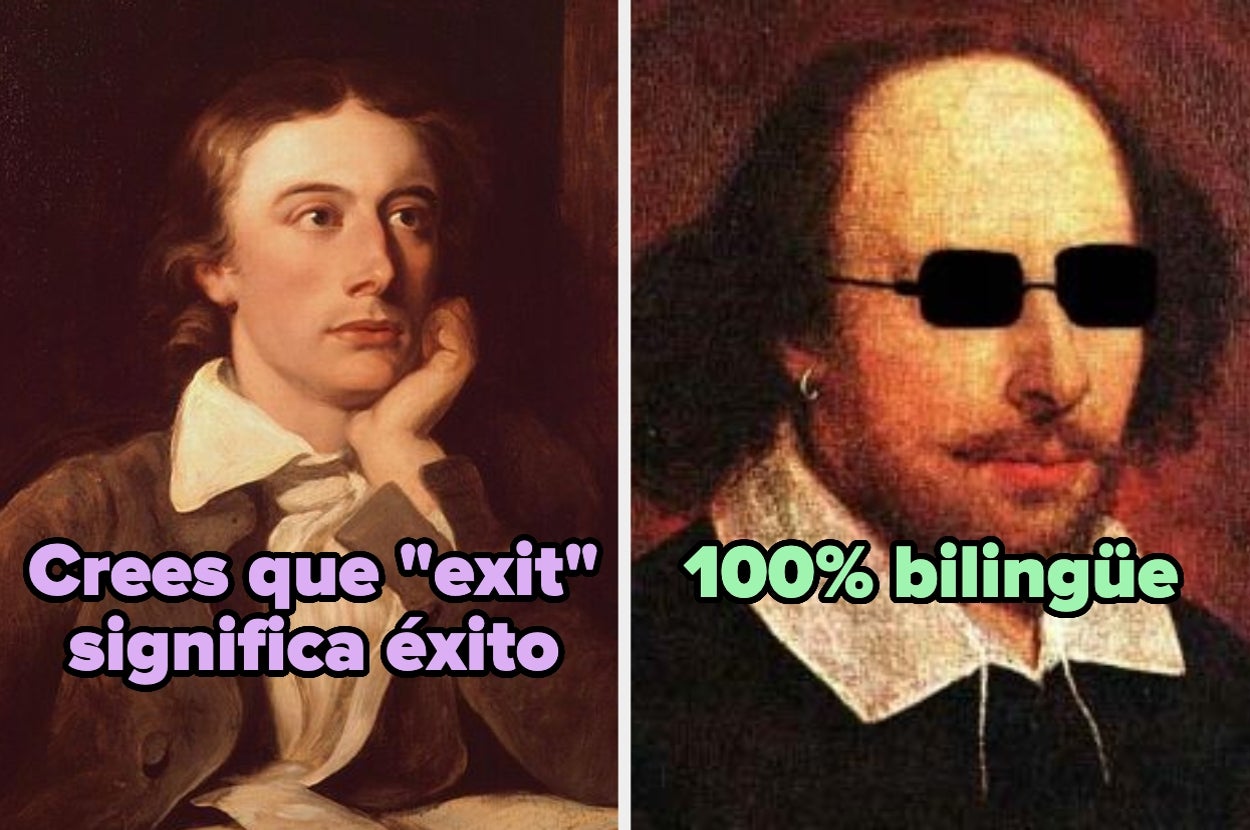 Imagen dividida: a la izquierda, un retrato clásico con el texto "Crees que 'exit' significa éxito". A la derecha, un retrato con gafas de sol y el texto "100% bilingüe"